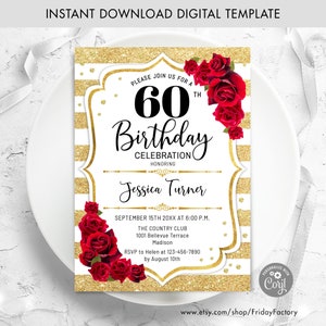 Floral 60th Birthday Invitation: Gold Glitter, Red Roses (Digital Template)