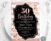 Rose Gold 50th Birthday Invitation: Blush Pink Floral (Digital Template)