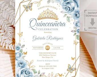 May include: A Quinceañera invitation with a gold geometric frame, featuring blue watercolor roses and butterflies. The invitation includes the text "Quinceañera Celebration" and event details, such as the date, time, and location.