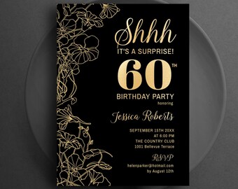 Verrassing 60e verjaardagsuitnodiging, zwarte gouden bloemen afdrukbare uitnodiging, digitale sjabloon instant download