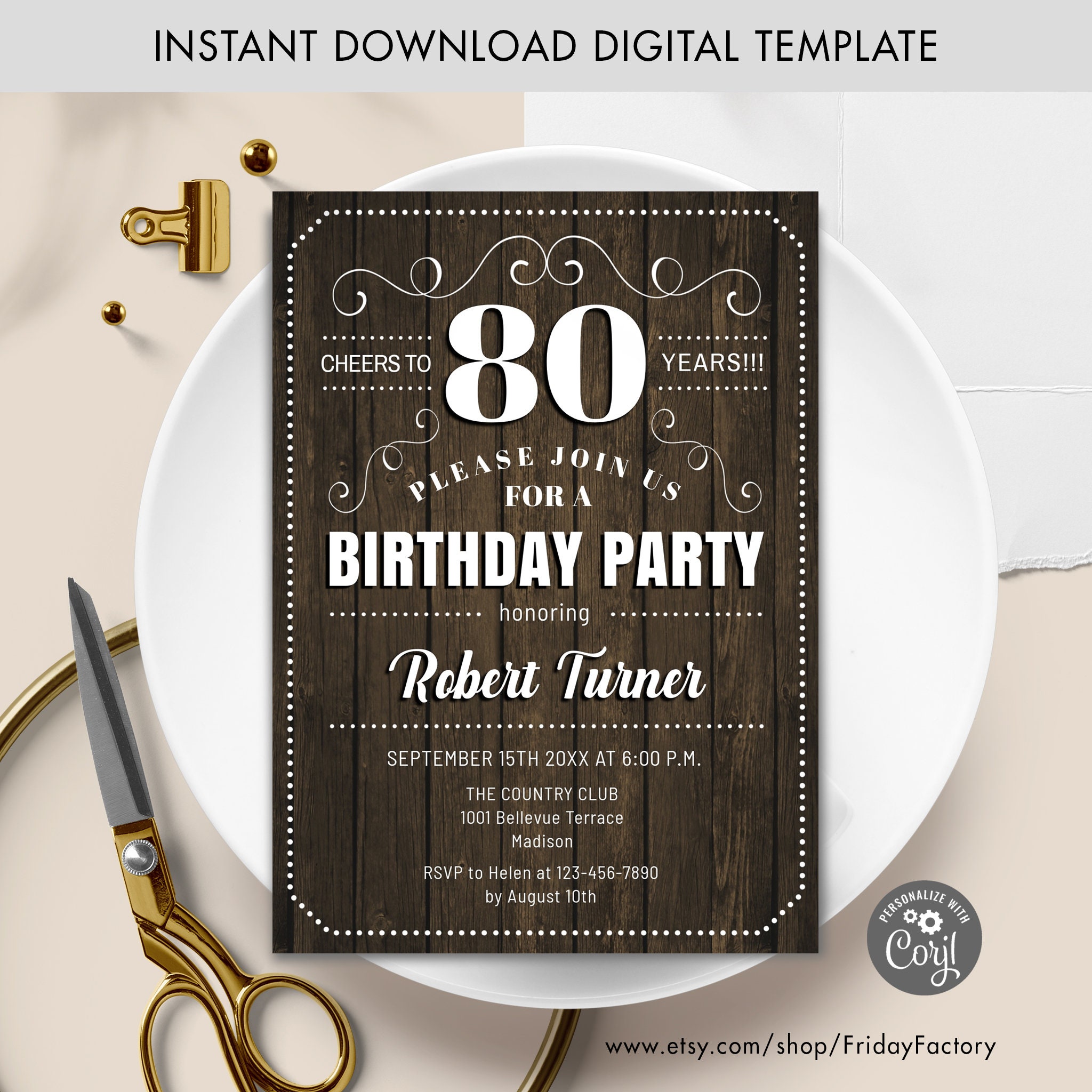 Rustic 80th Birthday Invitation Template (digital Download) - Etsy, image size:2048x2048
