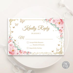 Tarjeta RSVP de quinceañera en color rosa y dorado ruborizado, PLANTILLA EDITABLE, rosas y mariposas con flores de acuarela, Mis Quince Anos, 15.º cumpleaños