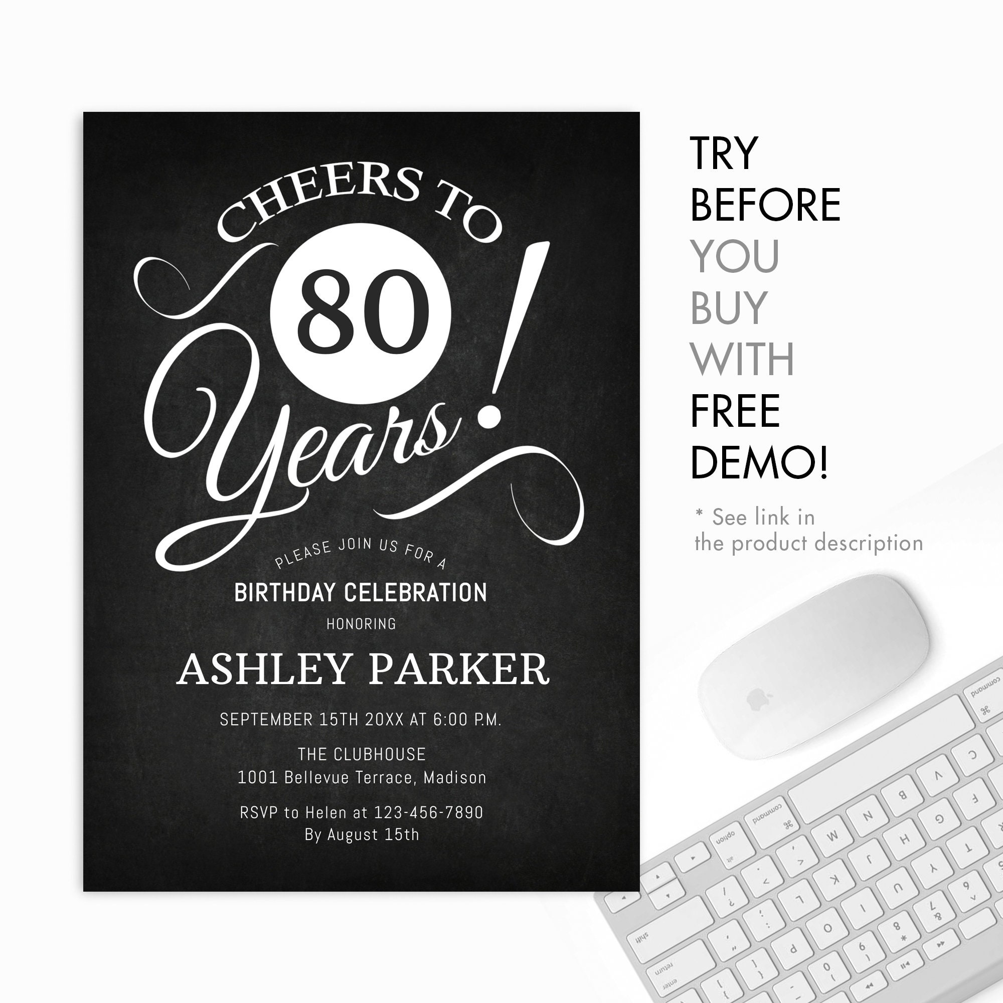 80th Birthday Party Invitation. INSTANT DOWNLOAD Editable DIY | Etsy