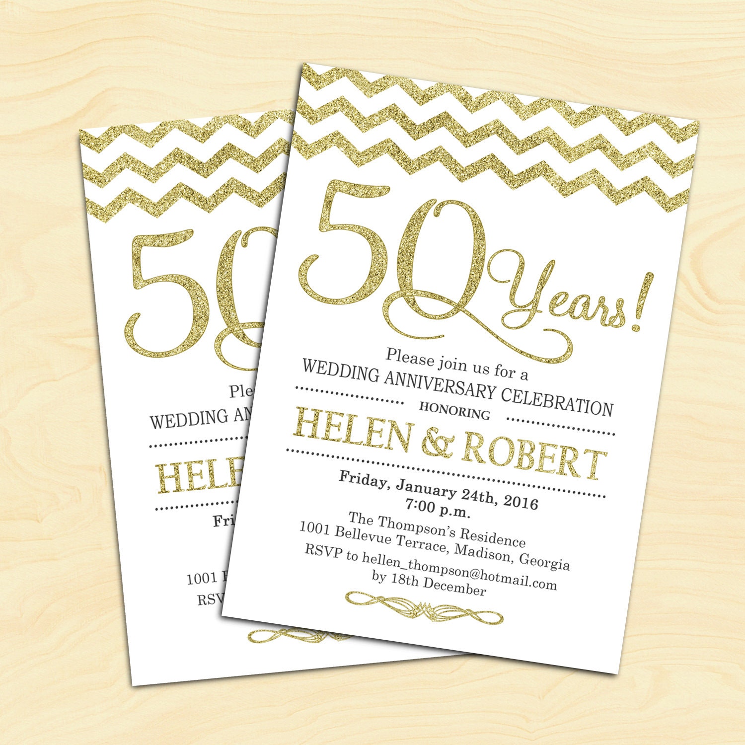  50th  Wedding  Anniversary  Invitation  Glitter Gold White 