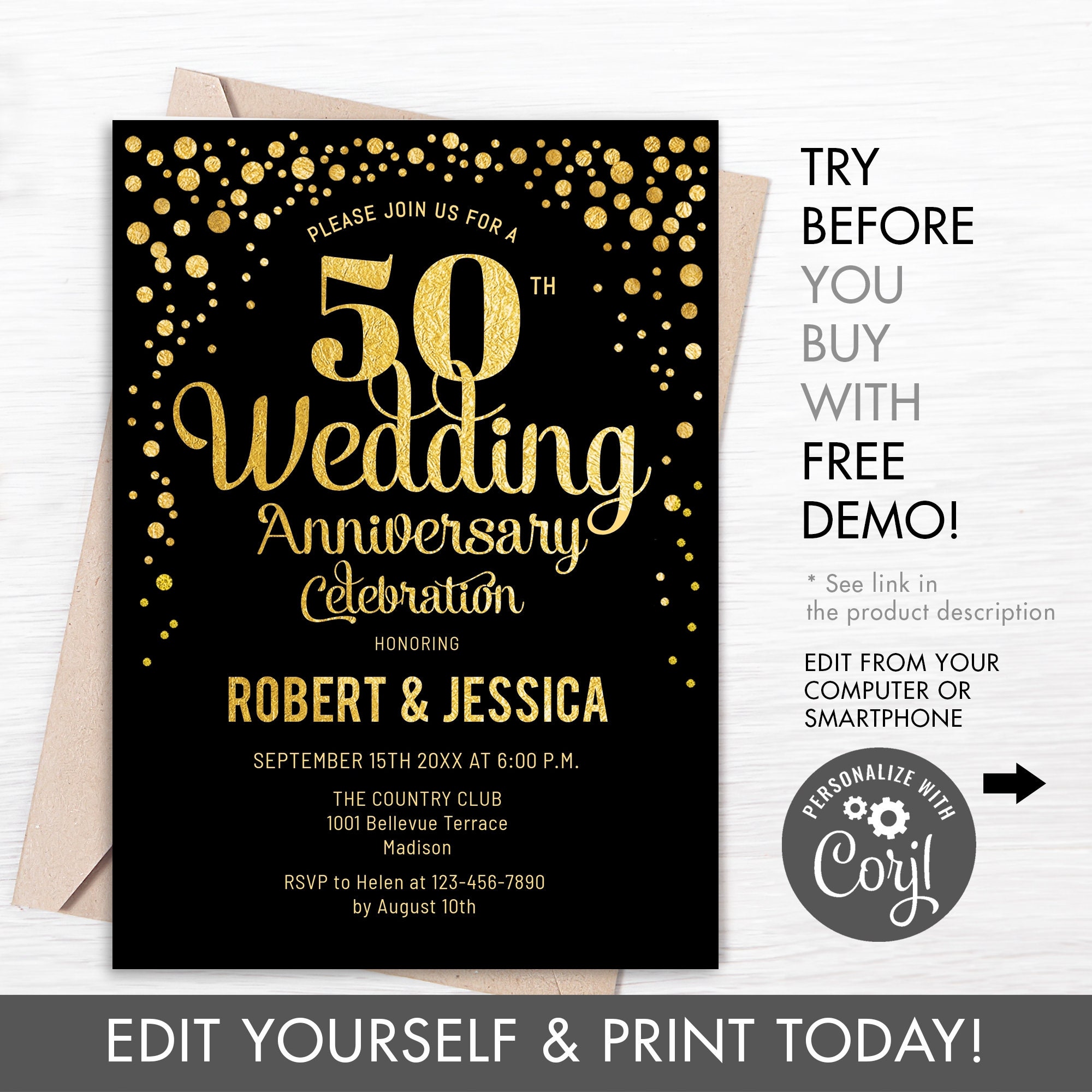 50 Wedding Invitation Cards size 5X7 Printed in Black with