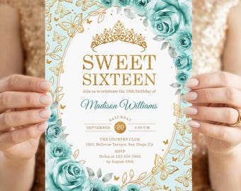 May include: A rectangular invitation card featuring a gold tiara graphic above the text SWEET SIXTEEN. The design includes teal watercolor roses, gold line-art butterflies, and text details for Madison Williams at The Country Club in San Diego.