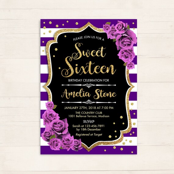 sweet sixteen invitation purple black gold stripes purple etsy purple and black invitations
