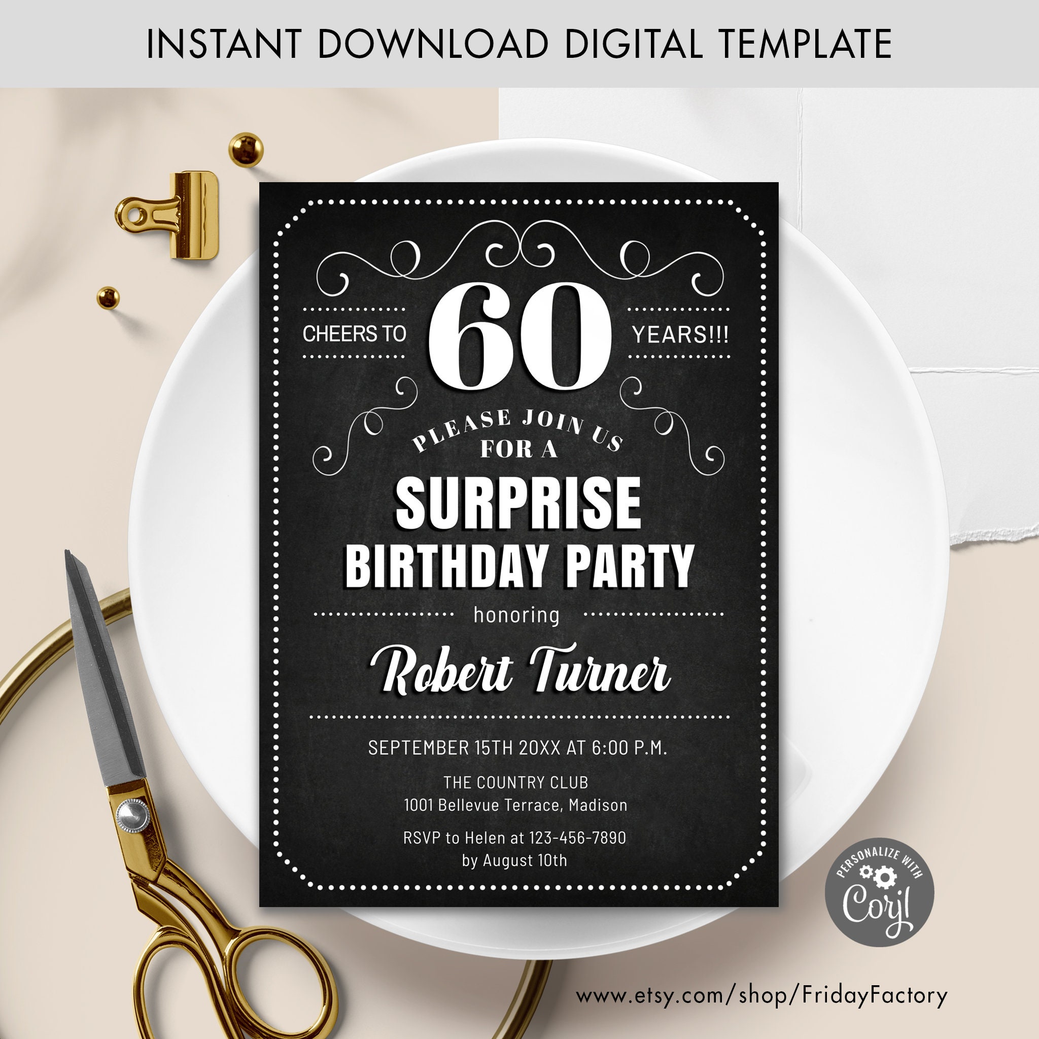 Surprise 60th Birthday Invitation: Chalkboard Design (digital Template) -  Etsy Israel, image size:2048x2048