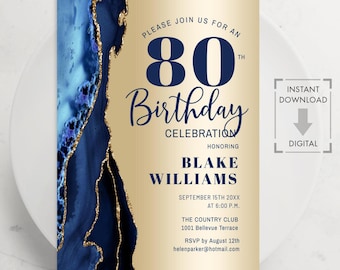 May include: An elegant 80th birthday invitation with a gold and navy blue marble design. The invitation includes the text "Please join us for an 80th Birthday Celebration" and details for the event, including the honoree's name, date, time, and location.