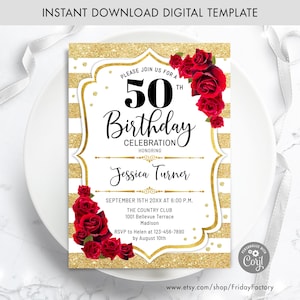 50e verjaardagsuitnodiging - INSTANT DOWNLOAD digitale sjabloon. Elke leeftijd. Glitter goud witte strepen. Rode rozen. Bloemen verjaardag uitnodigen