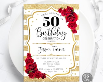 50th Birthday Invitation Template, Gold Glitter Red Roses Invite,Digital Download