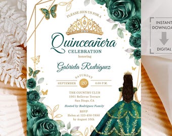 Emerald Green Gold Quinceañera Invitation, Floral Roses, Butterflies (EDITABLE TEMPLATE)