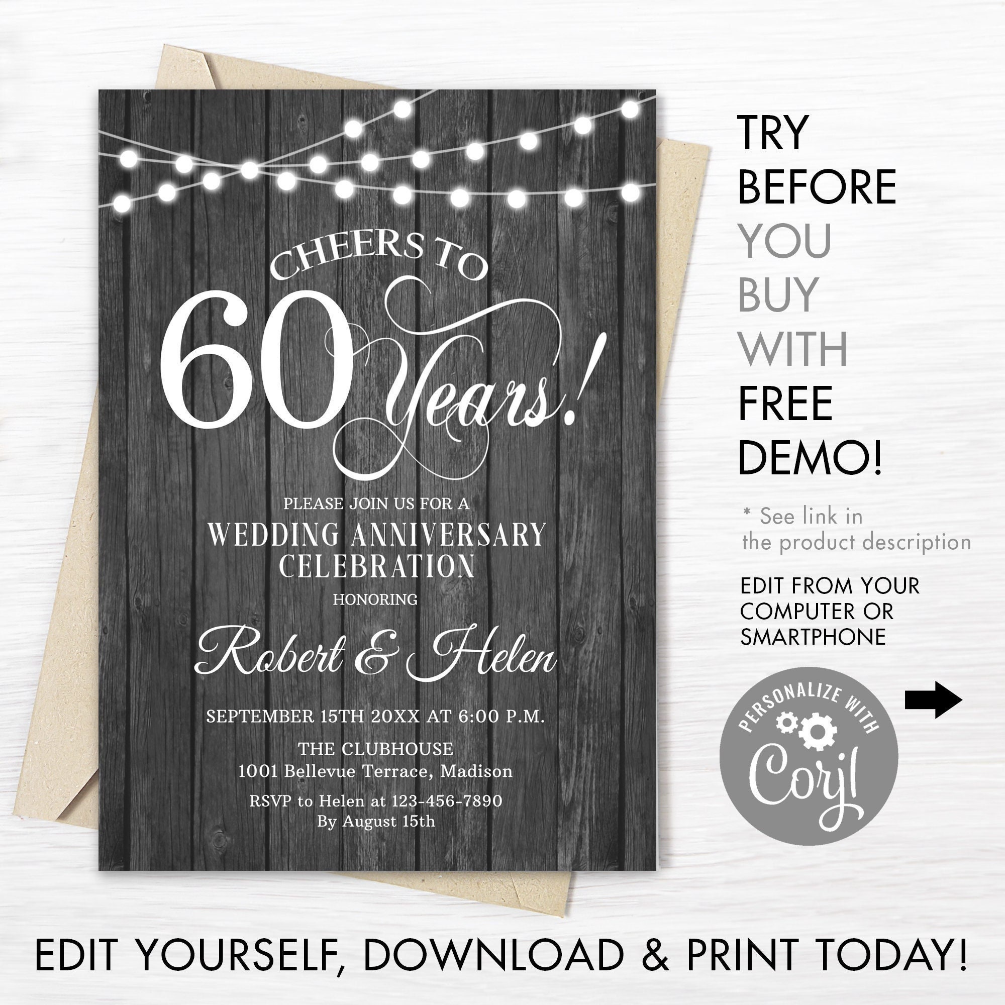 60th Wedding Anniversary Party Invitation INSTANT DOWNLOAD 