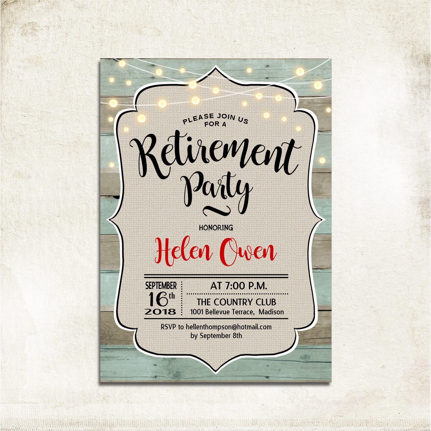 Retirement Party Invitation. Rustic Retirement Invite. Mint Etsy