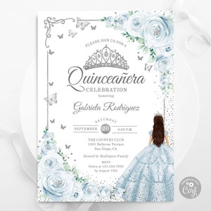 Invito Quinceañera Baby Blue Silver, MODELLO EDITABILE, Farfalle con rose floreali ad acquerello, Mis Quince Anos, Invito per il 15° compleanno