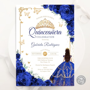 Invito Quinceañera oro blu reale, MODELLO EDITABILE digitale, farfalle di rose floreali acquerello, invito per il 15° compleanno di Mis Quince Anos