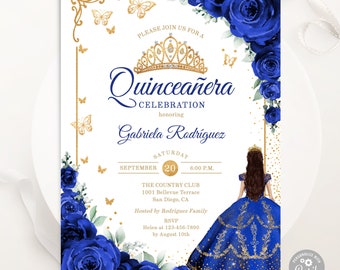 Uitnodiging koningsblauw goud quinceañera: bloemenaquarel (digitale BEWERKBARE SJABLOON)