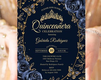 Navy Gold Quinceañera Invitation, Floral Roses, Butterflies, Printable Invitation, Digital Template