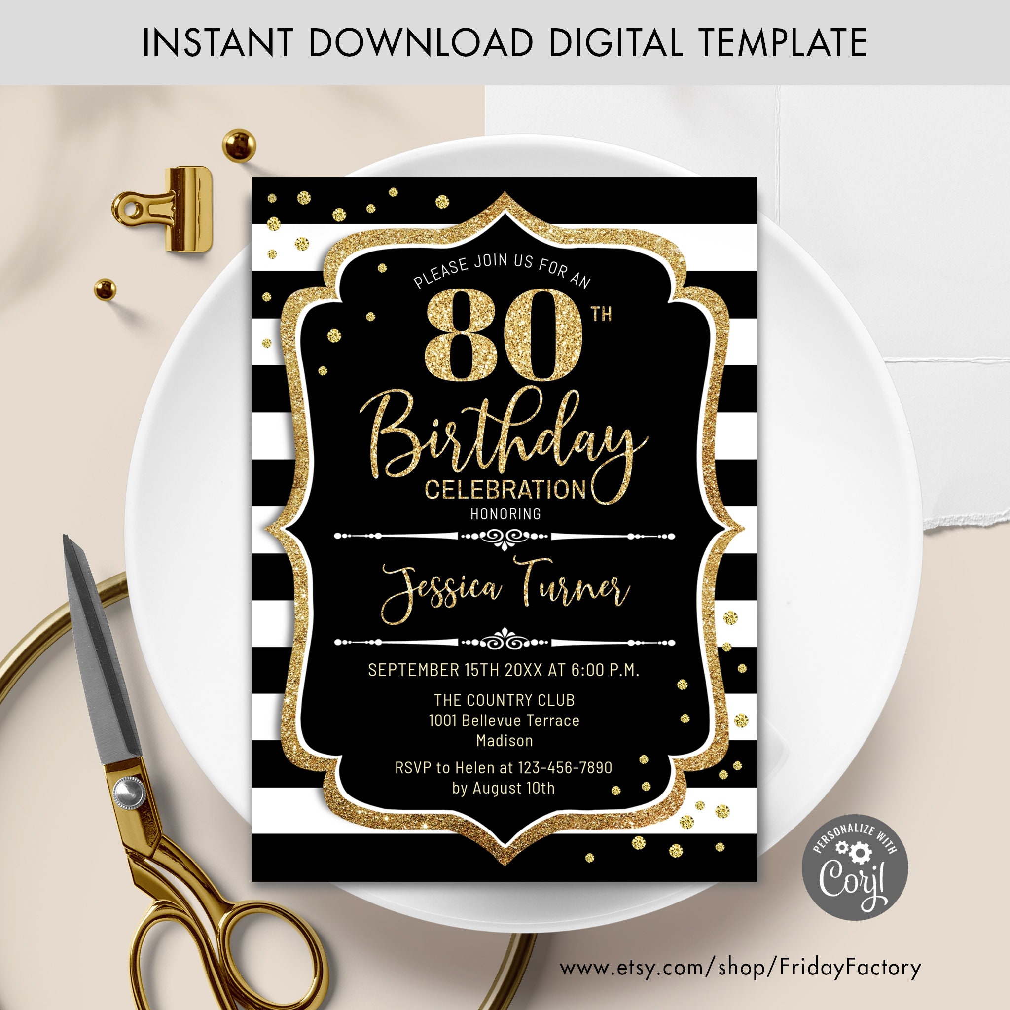 80th Birthday Invitation: Black, White, and Gold (digital Template) - Etsy, image size:2048x2048