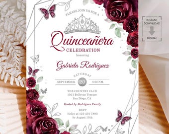 Floral Quinceañera Invitation: Burgundy, Silver Watercolor Roses (EDITABLE TEMPLATE)