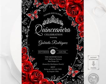 Red Black Silver Floral Quinceañera Invitation, Roses Butterflies, Printable Invitation, Digital Template