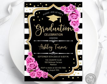 Graduation Invitation - INSTANT DOWNLOAD Digital Template. Black White Stripes. Glitter Gold Pink Roses. Floral Grad Party Invite