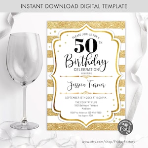 Glitter Gold 50th Birthday Invitation: Red Roses (Digital Template)
