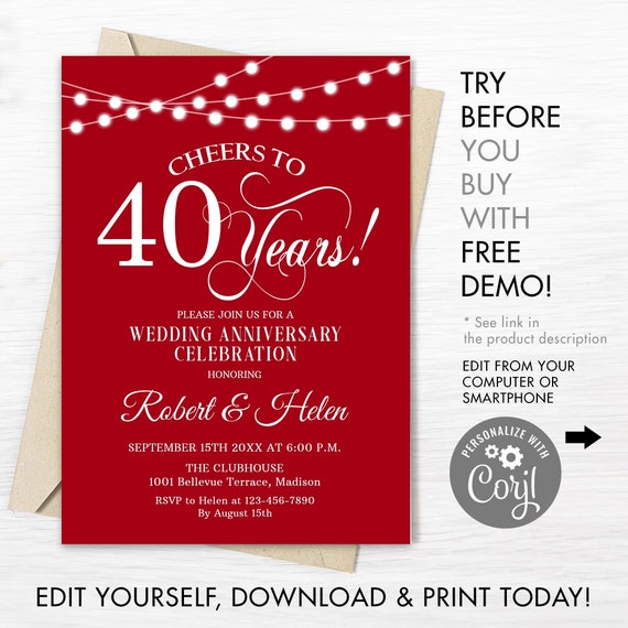 Red Fairy Lights 40th Ruby Wedding Anniversary Invitation