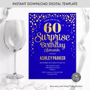 Editable 60th Surprise Birthday Invitation - INSTANT DOWNLOAD Digital Template. ANY Age. Glitter Gold Foil Royal Blue. Adult Birthday Invite
