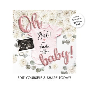 Baby Girl Digital Pregnancy Announcement. Instagram Gender Reveal For Social Media. Pregnant Announcement. Pink White Rose Gold