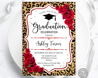 May include: Graduation announcement with a leopard print background and red rose accents. The invitation features the text "Graduation Celebration" and the name "Ashley Turner". Includes event details and RSVP information.