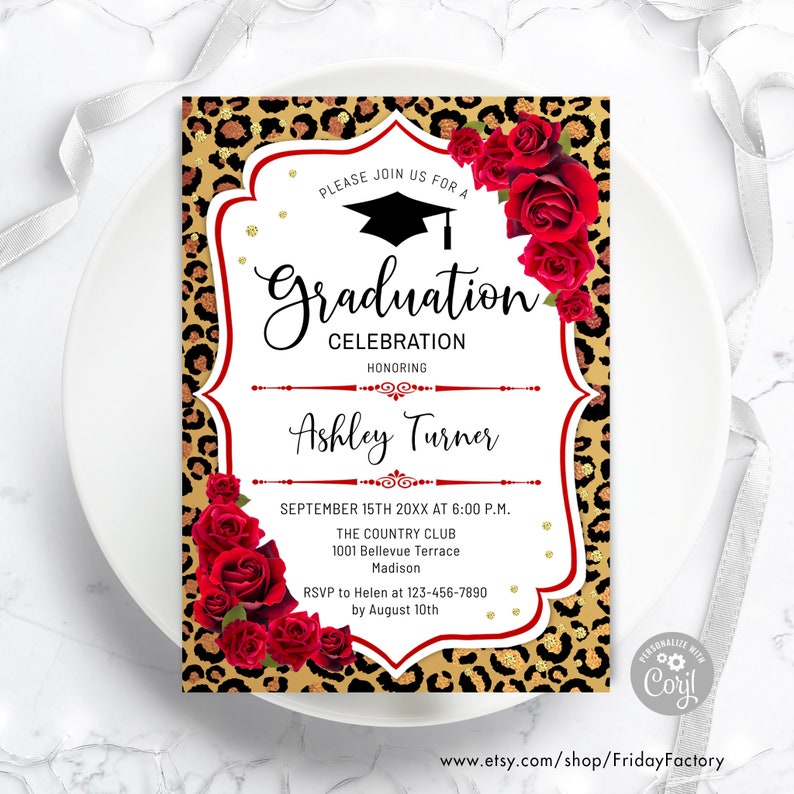 Leopard Graduation Invitations Leopard Print Graduation Invitation: Red Roses, Glitter Gold (digital ...