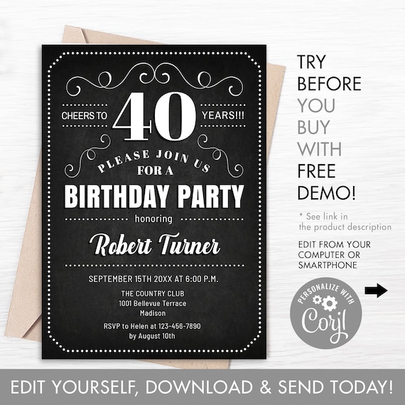 40th Birthday Party Invitation INSTANT DOWNLOAD Digital | Etsy