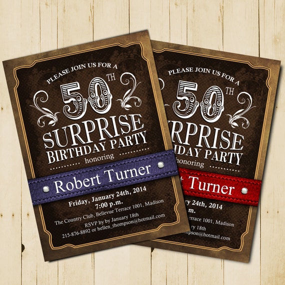 surprise 50th birthday party invitation 30th 40th 60th 70th 80th 90th any age leather print wester digital printable invite custom surprise 50th birthday party invitations