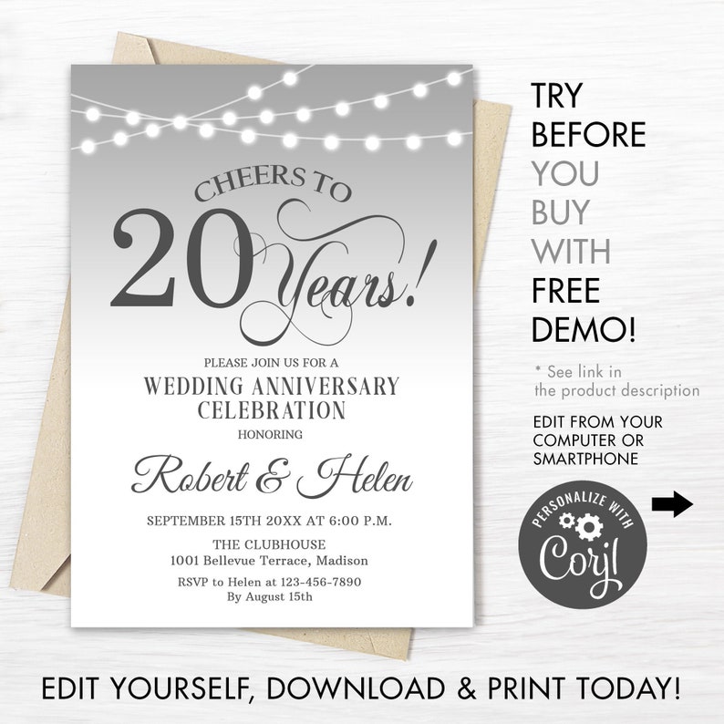 20th Wedding Anniversary Party Invitation INSTANT DOWNLOAD - Etsy UK