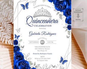 May include: A digital invitation for a Quinceañera celebration. The design features a royal blue floral arrangement with roses and butterflies. The text includes the name Gabriela Rodriguez, date, time, and RSVP information.
