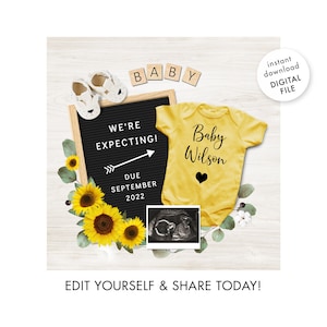 Digital Pregnancy Announcement For Social Media. Sunflowers. Gender Neutral Baby Reveal. Personalized Pregnant Announcement Instagram Post