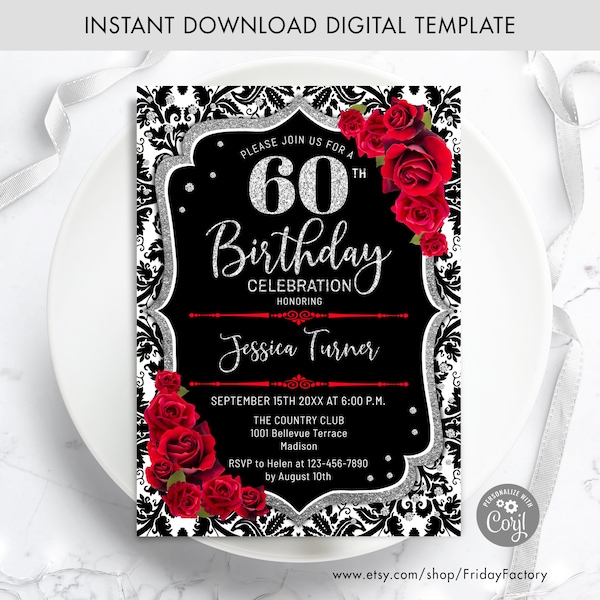 60th Birthday Invitation - INSTANT DOWNLOAD Digital Template. ANY age. Black White Damask. Glitter Silver Red Roses. Floral Birthday Invite