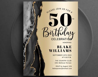 May include: A 50th birthday celebration invitation with a gold and black marble design. The invitation includes the text "Please join us for a 50th Birthday Celebration honoring Blake Williams". Additional details include the date, time, and location.