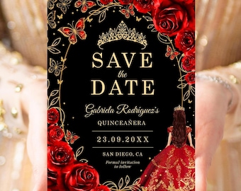 Quinceañera Save The Date Red Gold Black, Floral Roses Princess Dress, Printable Digital Template
