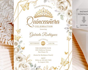 May include: A Quinceañera invitation with a gold geometric frame, butterflies, and floral accents. The invitation features the text "Quinceañera Celebration" and event details, including the honoree's name, date, time, and location.