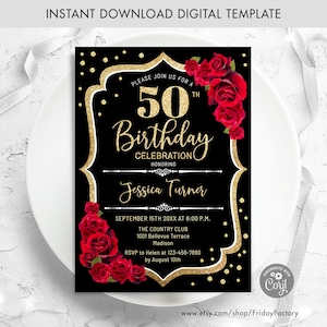50th Birthday Invitation - INSTANT DOWNLOAD Digital Template. ANY age. Black White Stripes. Glitter Gold Red Roses. Floral Birthday Invite