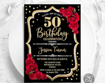 Floral Birthday Invitation: Black, Gold, and Red Roses (Digital Template)