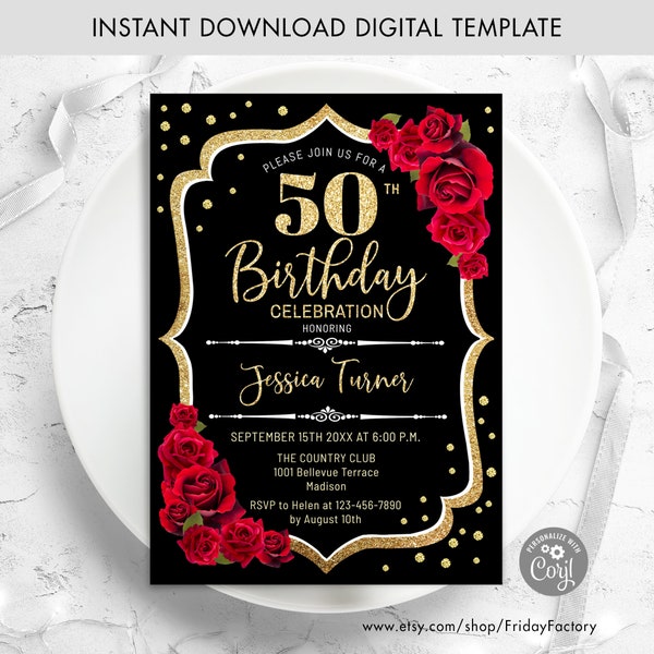 50th Birthday Invitation - INSTANT DOWNLOAD Digital Template. ANY age. Black White Stripes. Glitter Gold Red Roses. Floral Birthday Invite