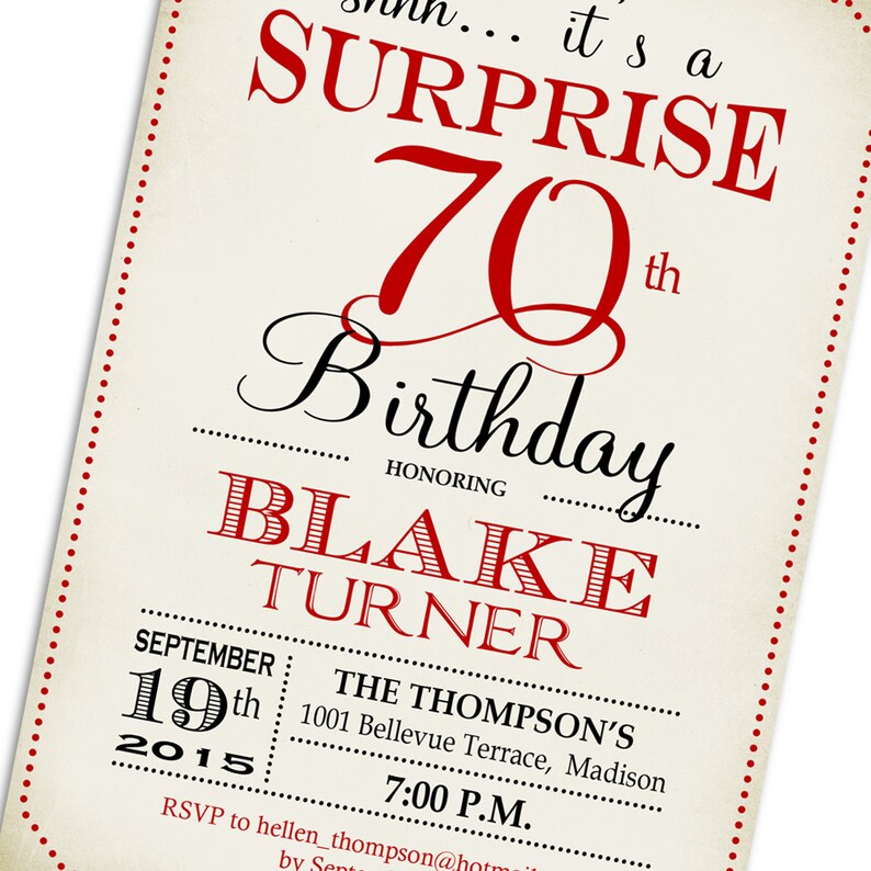 Surprise 70th Birthday Invitation / Any Age / Red White Black | Etsy