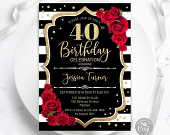 40th Birthday Invitation - INSTANT DOWNLOAD Digital Template. ANY age. Black White Stripes. Glitter Gold Red Roses. Floral Birthday Invite