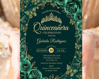 May include: Emerald green Quinceañera invitation with gold accents. Features a floral and butterfly design, with the text "Quinceañera Celebration" and event details. Includes the name Gabriela Rodríguez, date, time, and location.