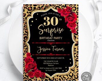 Leopard Print Surprise Birthday Invitation: Red Roses, Gold Glitter (Digital Template)