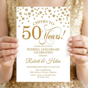 May include: A white invitation card with gold text and accents. The card reads "Cheers to 50 Years!" and announces a wedding anniversary celebration honouring Robert & Helen. Includes date, time, and location details.