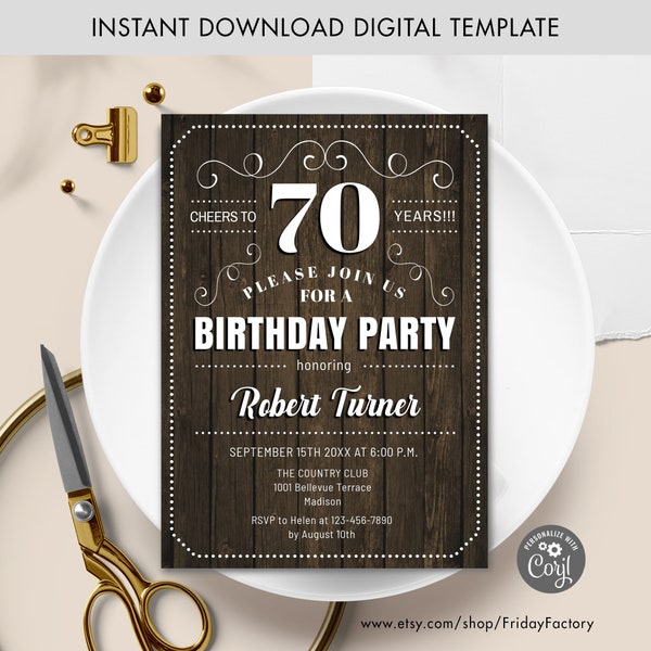 70th Birthday Party Invitation - INSTANT DOWNLOAD Digital Template. ANY Age. Rustic Brown Wood White. Cheers to 70 Years